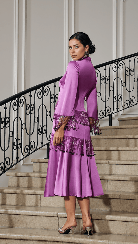 THANDIE GLITTER FRINGE SATIN DRESS