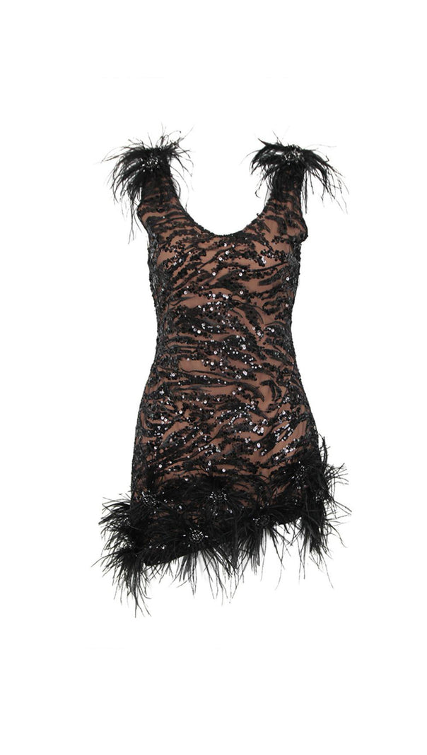 AIIZIE FEATHER DETAIL SEQUIN MINI DRESS IN BLACK - product image