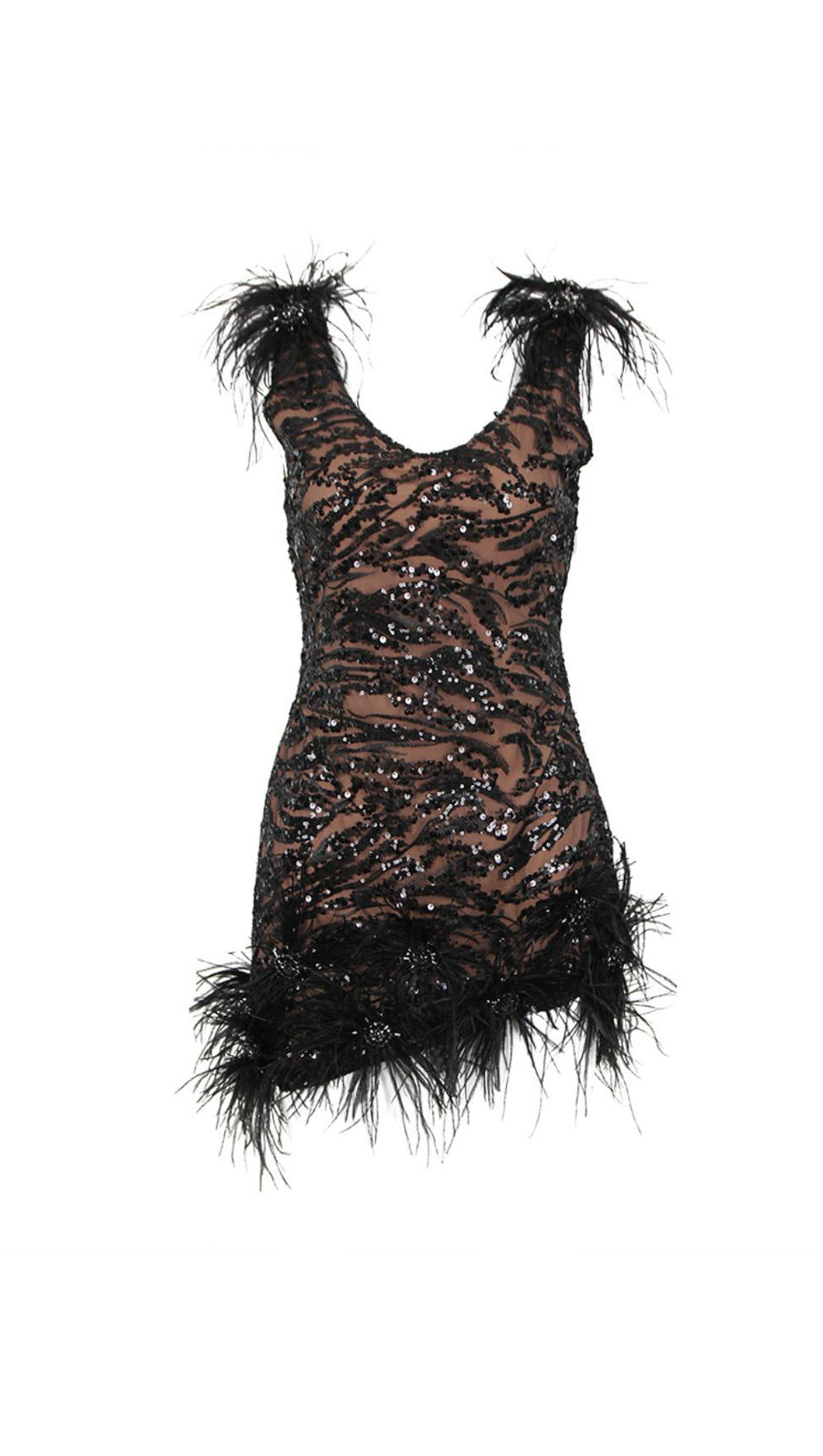 FEATHER DETAIL SEQUIN MINI DRESS  IN BLACK