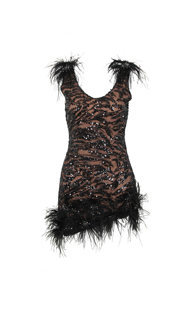 FEATHER DETAIL SEQUIN MINI DRESS  IN BLACK