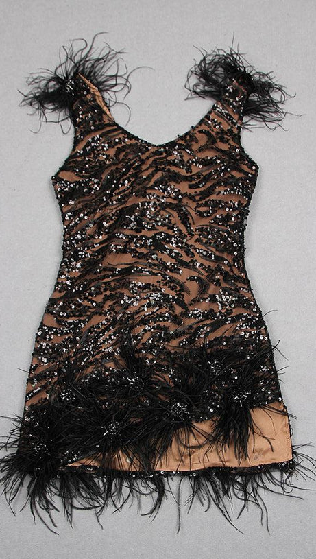 FEATHER DETAIL SEQUIN MINI DRESS  IN BLACK
