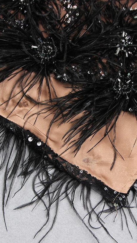 FEATHER DETAIL SEQUIN MINI DRESS  IN BLACK