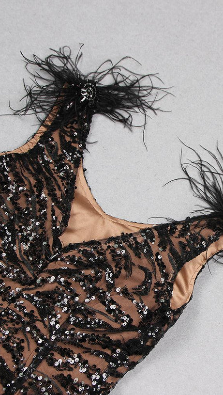 FEATHER DETAIL SEQUIN MINI DRESS  IN BLACK