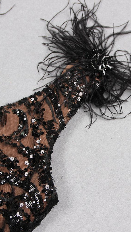 FEATHER DETAIL SEQUIN MINI DRESS  IN BLACK