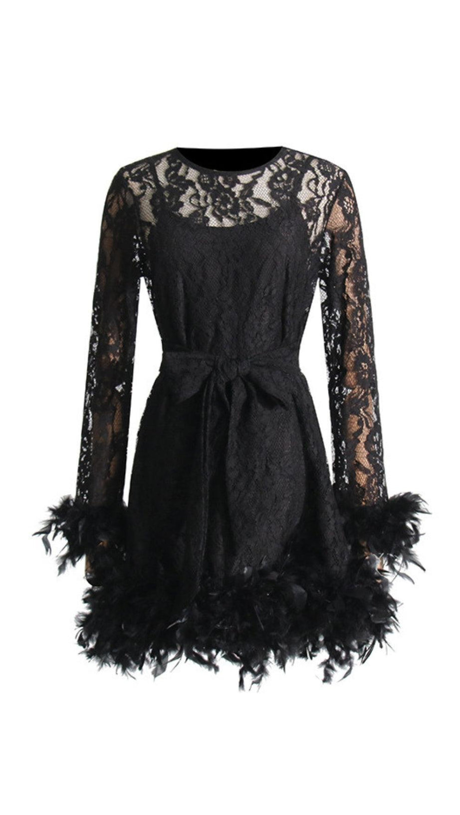 SPITZENKLEID MIT FEDERBESATZ