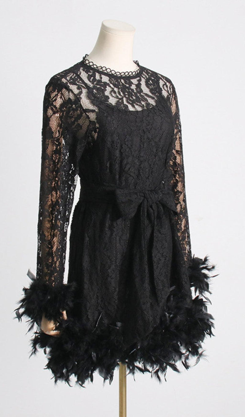 FEATHER TRIMMED LACE DRESS