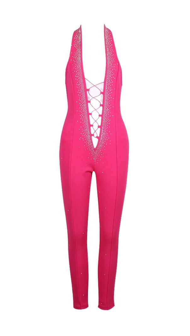 AIIZIE HALTER NECK CRYSTAL BACKLESS JUMPSUITS IN PINK - product image