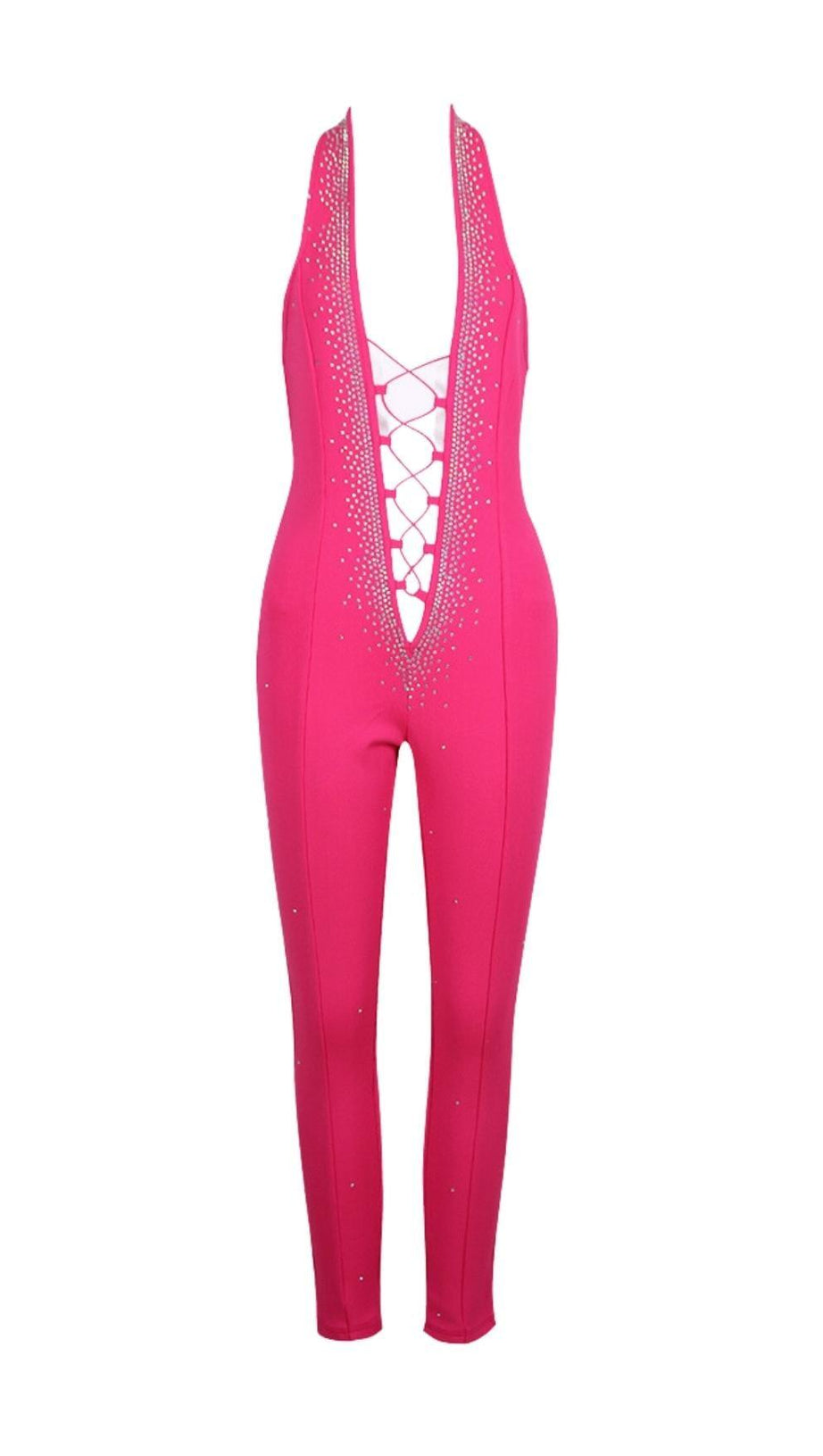 HALTER NECK CRYSTAL BACKLESS JUMPSUITS IN PINK