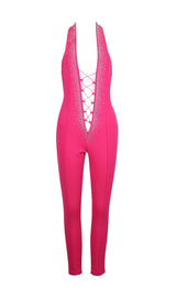 HALTER NECK CRYSTAL BACKLESS JUMPSUITS IN PINK