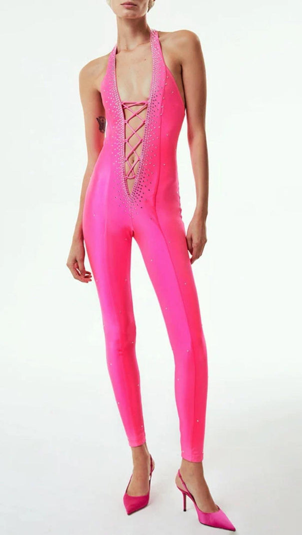 AIIZIE HALTER NECK CRYSTAL BACKLESS JUMPSUITS IN PINK - product image