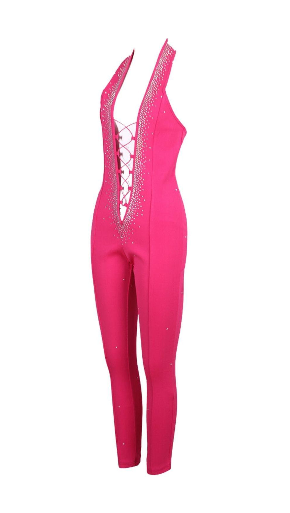 HALTER NECK CRYSTAL BACKLESS JUMPSUITS IN PINK