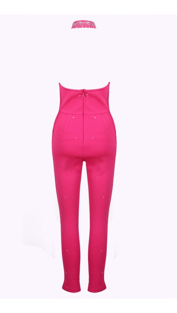 AIIZIE HALTER NECK CRYSTAL BACKLESS JUMPSUITS IN PINK - product image