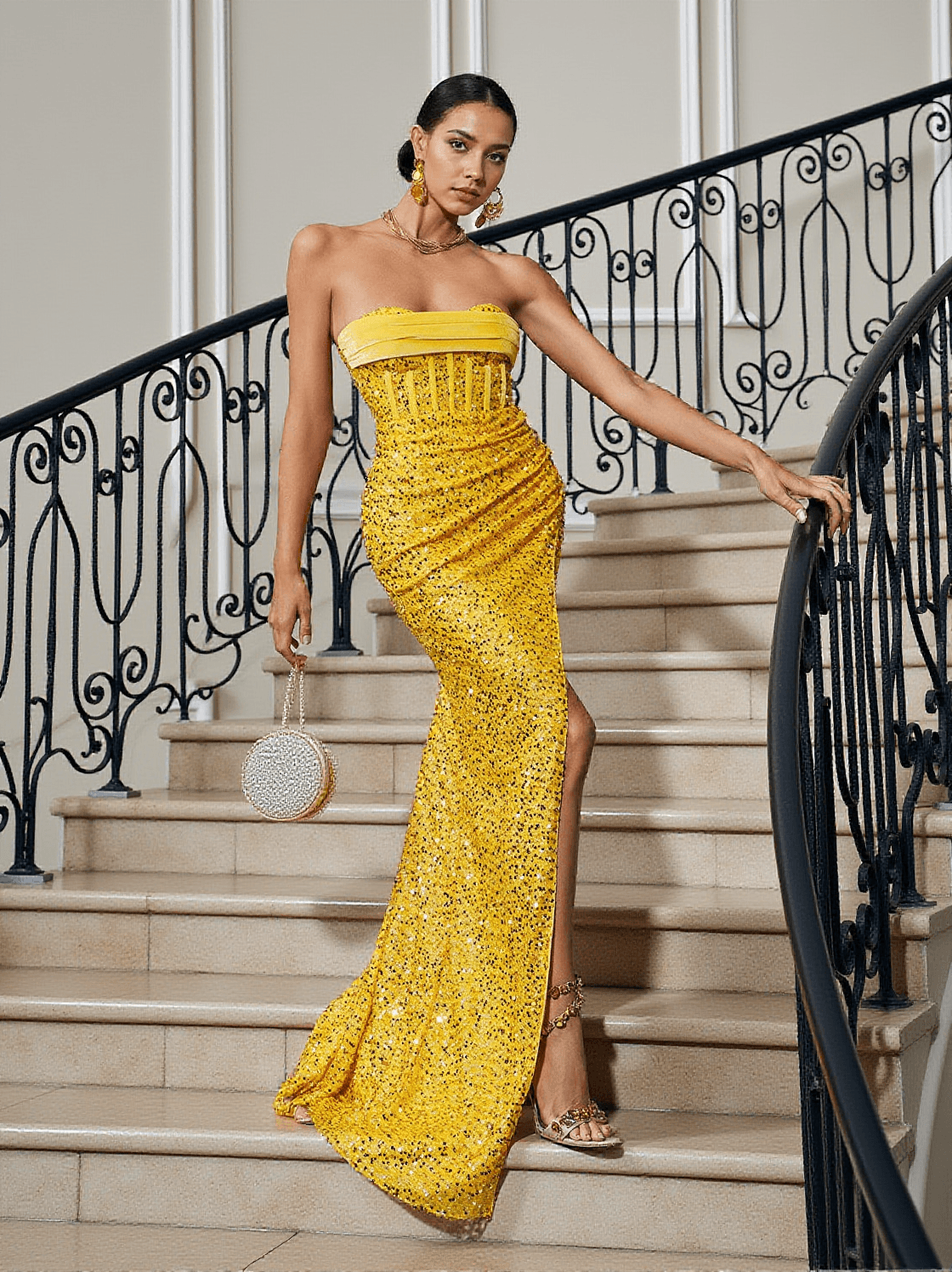 TRISH STRAPLESS SEQUIN SPLIT MAXI DRESS