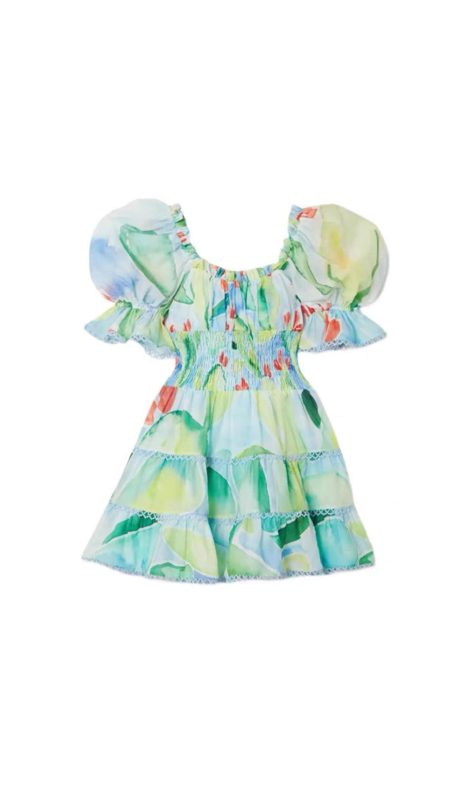 MINIKLEID AUS BAUMWOLLMISCHVOILE MIT BLUMENDRUCK IN GRÜN 
