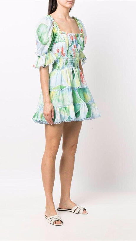FLORAL-PRINT COTTON-BLEND VOILE MINI DRESS IN GREEN