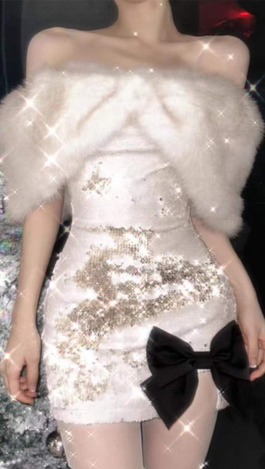 ARTIFICIAL FUR SEQUNED MINI DRESS