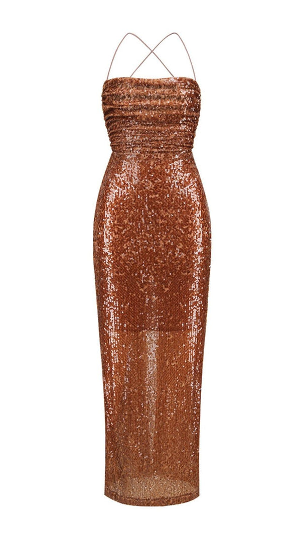 AIIZIE SEQUIN BACKLESS MAXI DRESS IN BROWN - product image