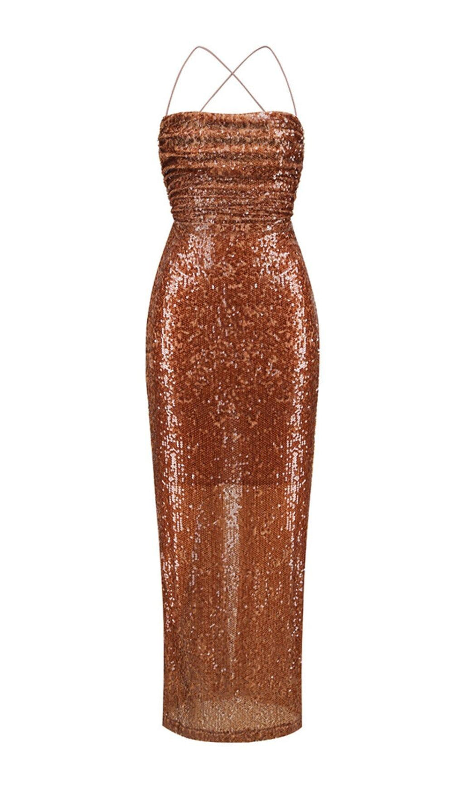 ABITO LUNGO CON SCHIENA SENZA PAILLETTES MARRONE