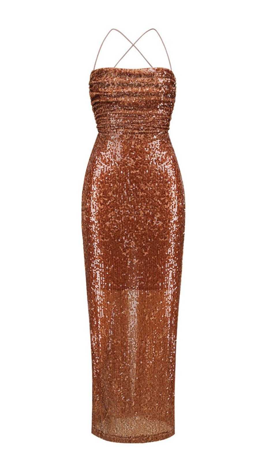 SEQUIN BACKLESS MAXI DRESS IN BROWN