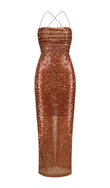 SEQUIN BACKLESS MAXI DRESS IN BROWN