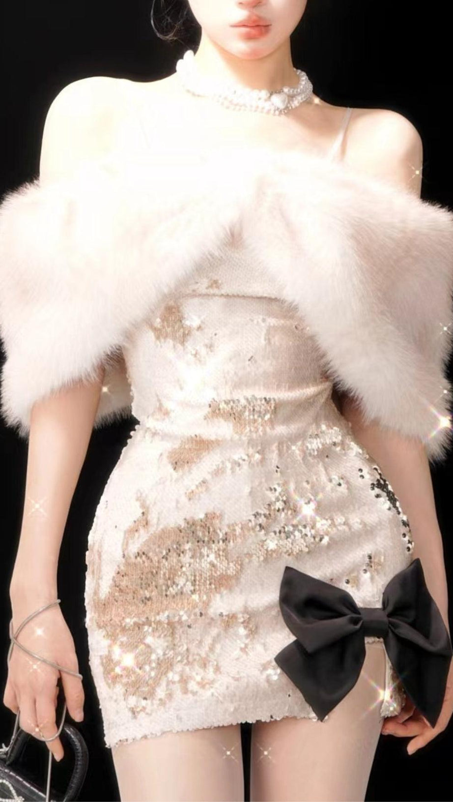 ARTIFICIAL FUR SEQUNED MINI DRESS
