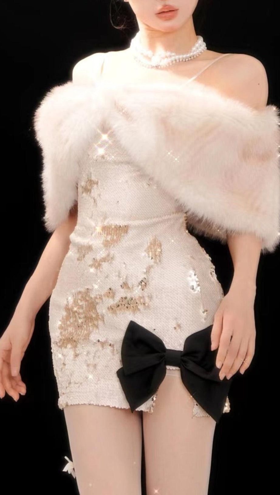 ARTIFICIAL FUR SEQUNED MINI DRESS