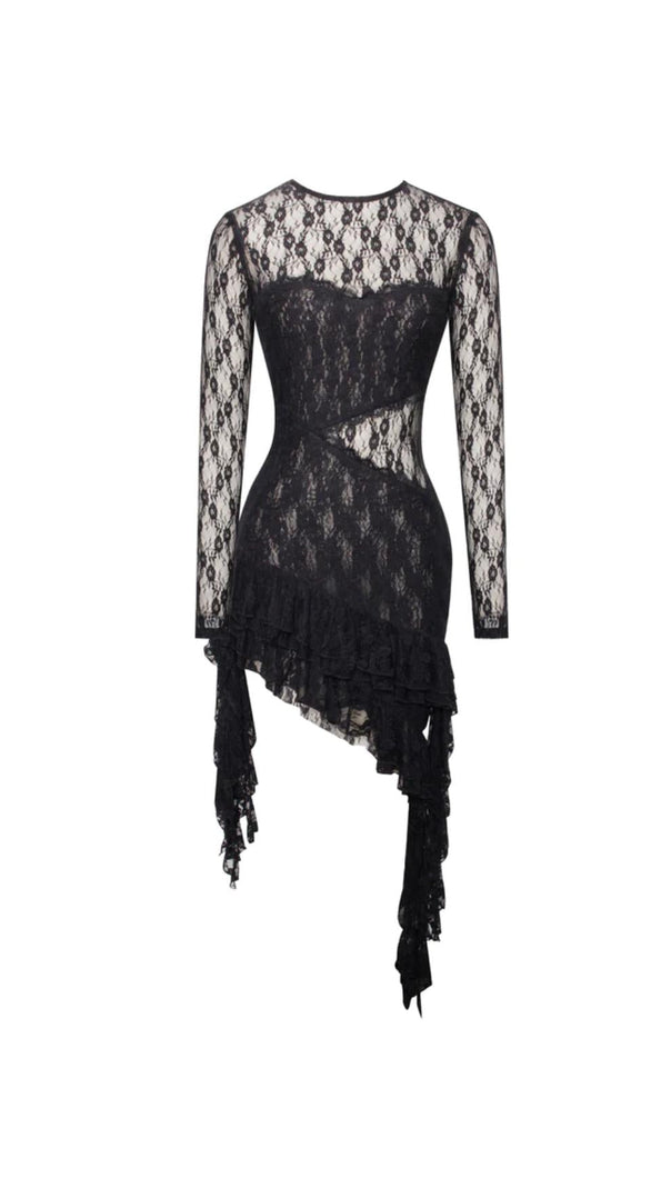 AIIZIE BACKLESS RUFFLE LACE MINI DRESS - product image