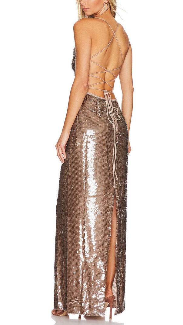 AIIZIE SEQUIN BACKLESS MAXI DRESS IN BROWN - product image