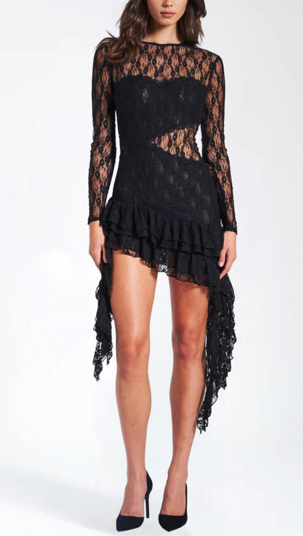 AIIZIE BACKLESS RUFFLE LACE MINI DRESS - product image