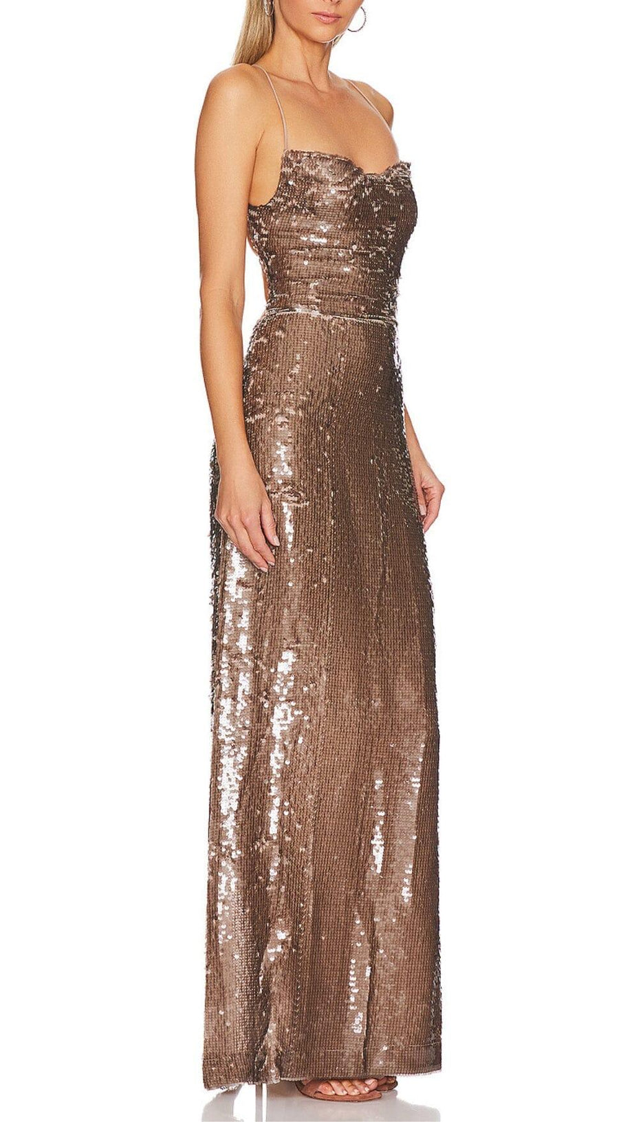 SEQUIN BACKLESS MAXI DRESS IN BROWN