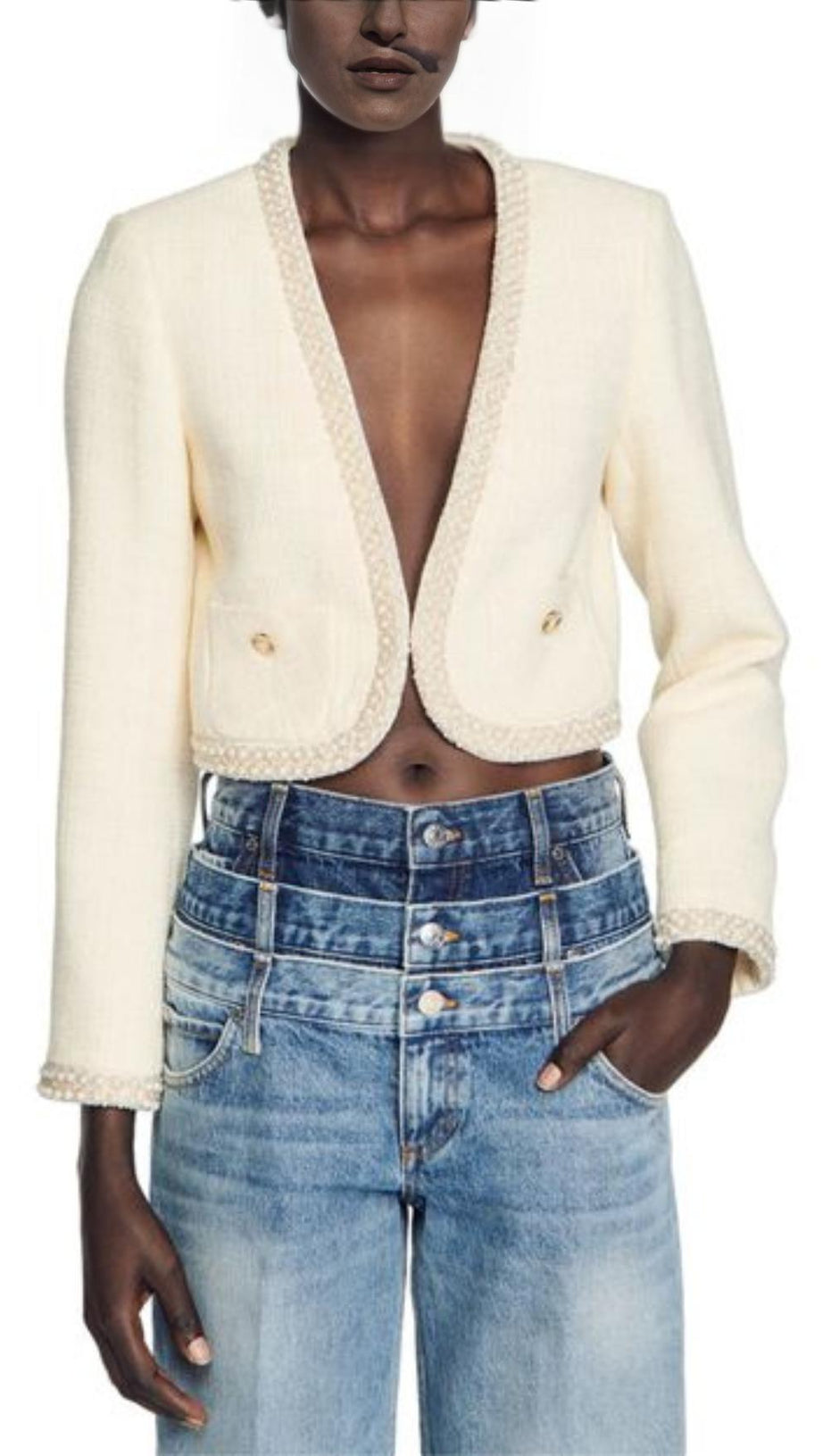 KURZE TWEEDJACKE MIT PERLENBESATZ 