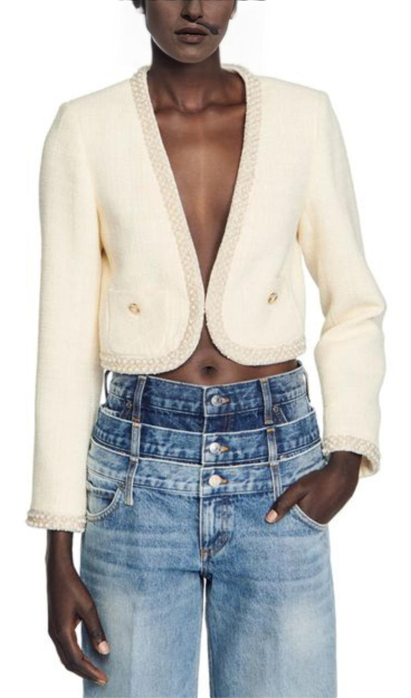 BEAD TRIM CROPPED TWEED JACKET