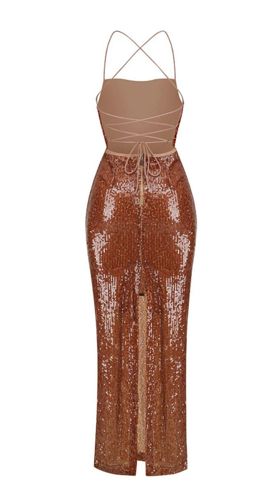 SEQUIN BACKLESS MAXI DRESS IN BROWN