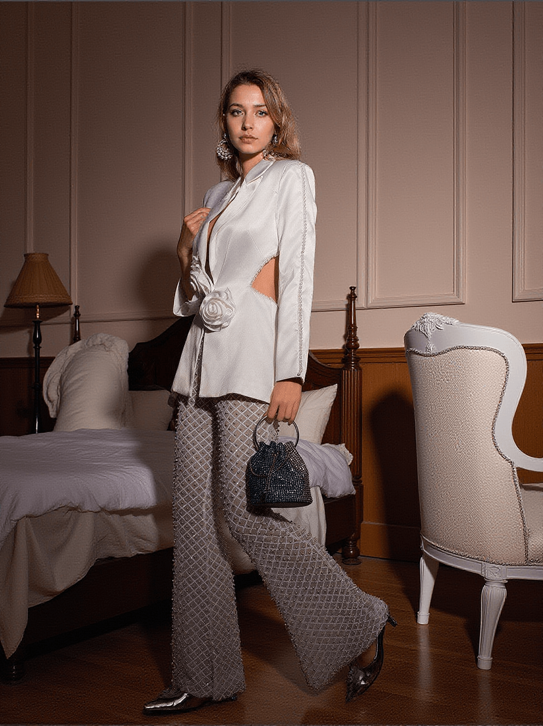 OSSIE PEARL EMBELLISHED FLOWER CUTOUT BLAZER SET