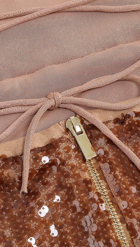 SEQUIN BACKLESS MAXI DRESS IN BROWN