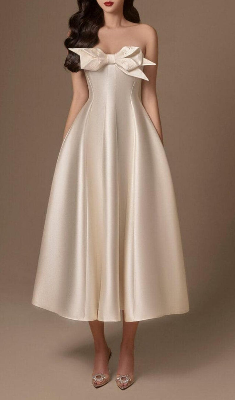 BEIGE FLARED SEMI-HEART NECK TAFFETA MIDI DRESS