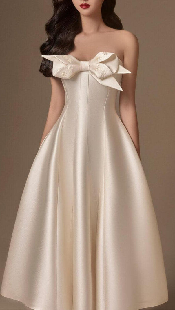 AIIZIE BEIGE FLARED SEMI-HEART NECK TAFFETA MIDI DRESS - product image