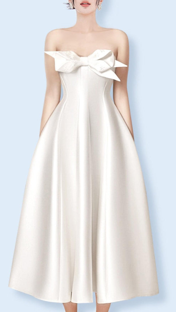 AIIZIE BEIGE FLARED SEMI-HEART NECK TAFFETA MIDI DRESS - product image