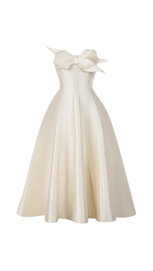 AIIZIE BEIGE FLARED SEMI-HEART NECK TAFFETA MIDI DRESS - product image