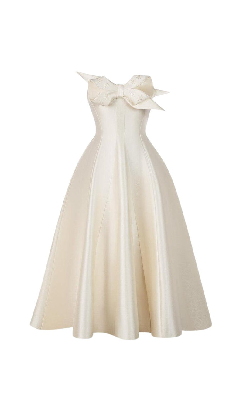 BEIGE FLARED SEMI-HEART NECK TAFFETA MIDI DRESS