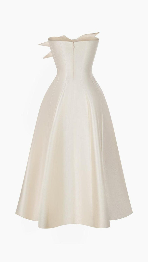 AIIZIE BEIGE FLARED SEMI-HEART NECK TAFFETA MIDI DRESS - product image