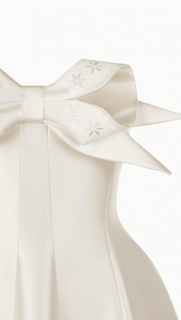 AIIZIE BEIGE FLARED SEMI-HEART NECK TAFFETA MIDI DRESS - product image