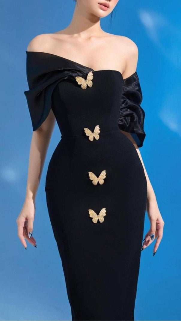 AIIZIE BLACK BUTTERFLY EMBELLISHED MIDI DRESS - product image