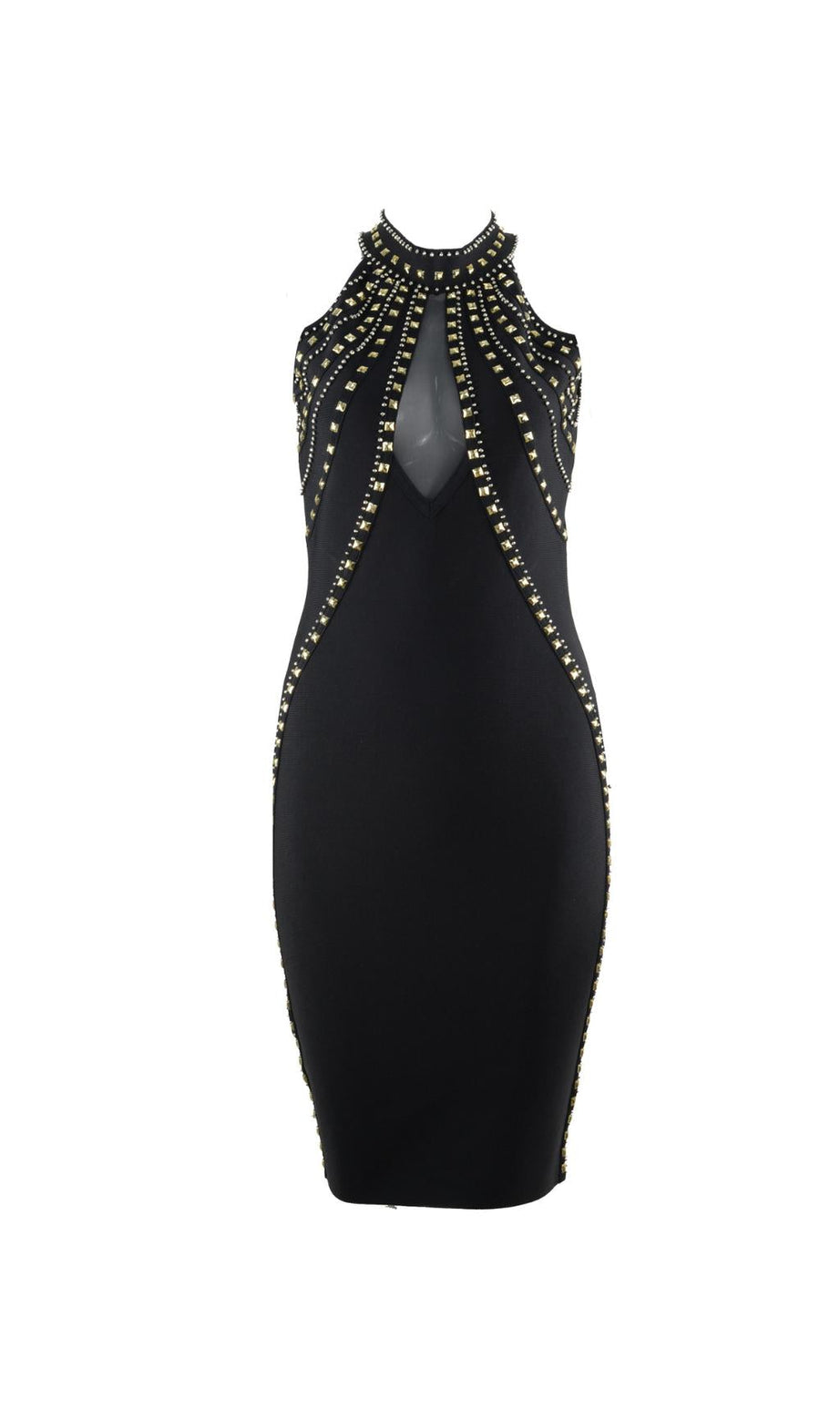 MINI ABITO CON BENDAGGI E BORCHIE IN ORO NERO 