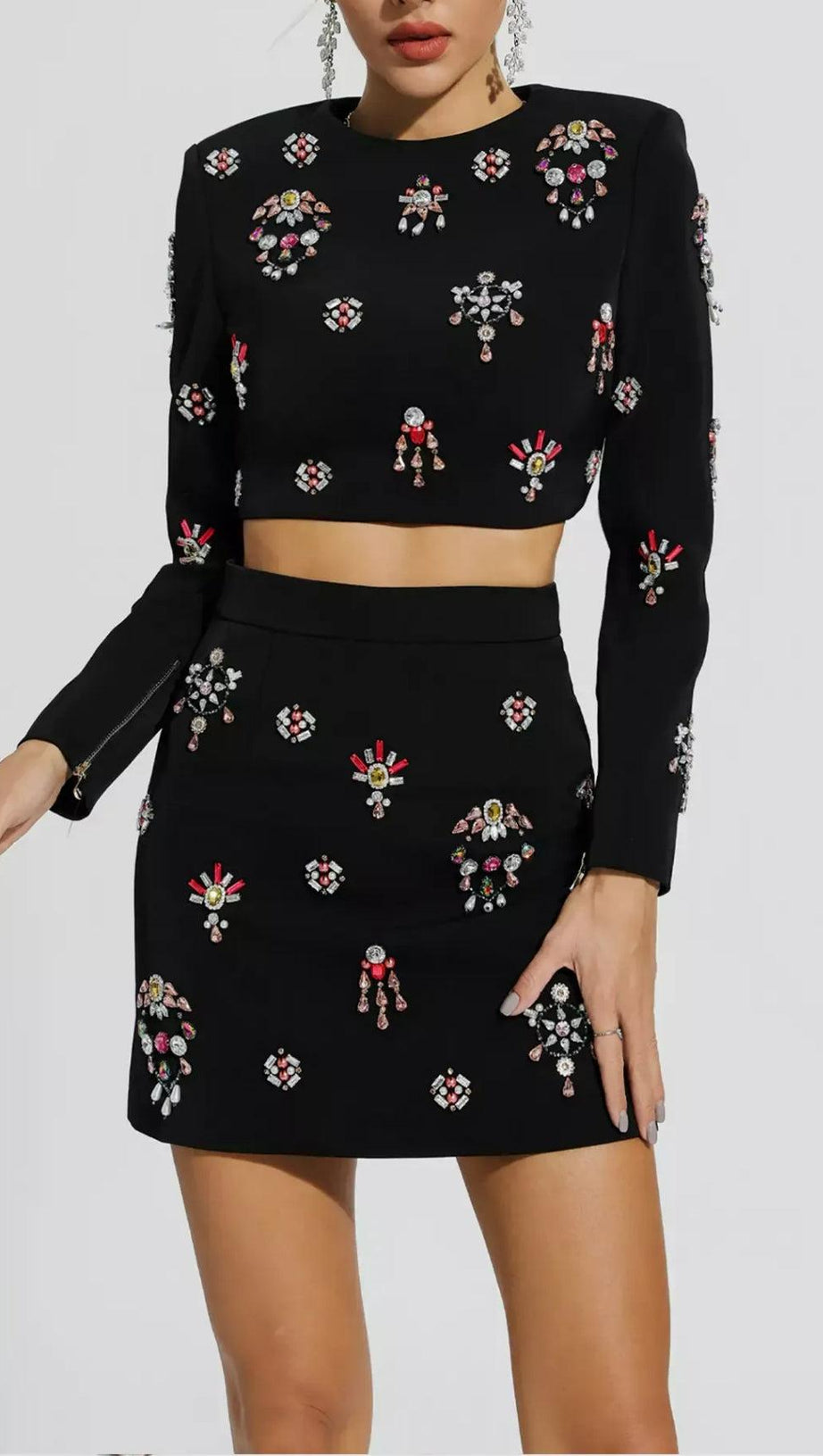 BLACK RHINESTONE EMBELLISHED SKIRT SET
