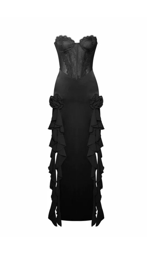 AIIZIE BLACK SATIN LACE CORSET MAXI DRESS - product image