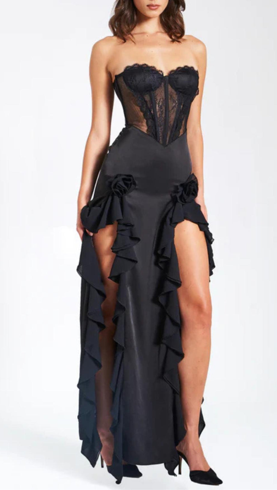 BLACK SATIN LACE CORSET MAXI DRESS