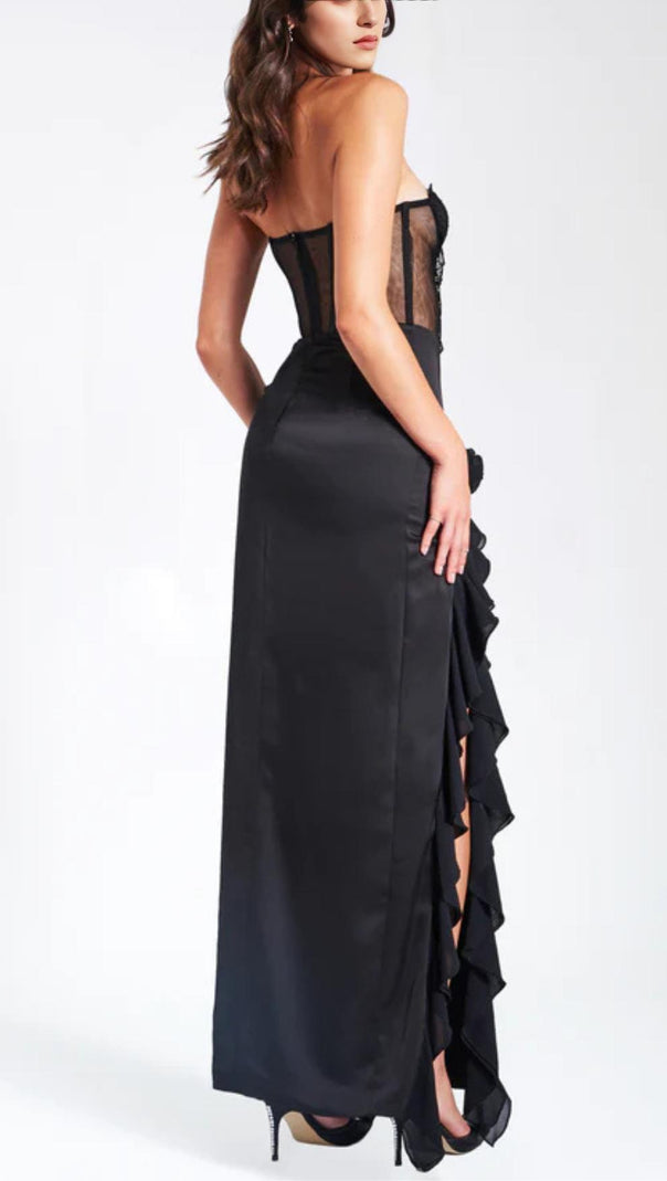 AIIZIE BLACK SATIN LACE CORSET MAXI DRESS - product image