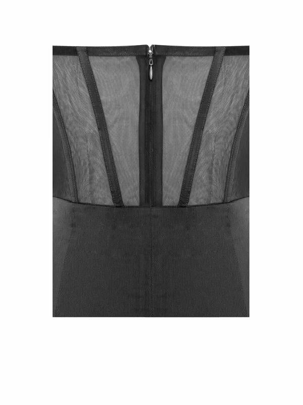 BLACK SATIN LACE CORSET MAXI DRESS