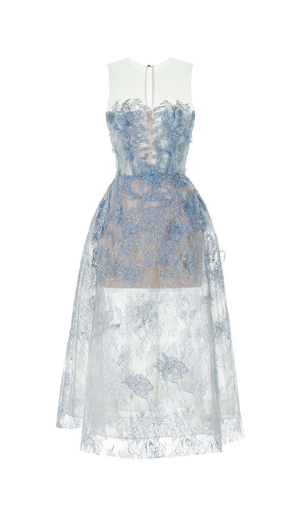 AIIZIE BLUE FLORAL LACE EMBROIDER MIDI DRESS - product image